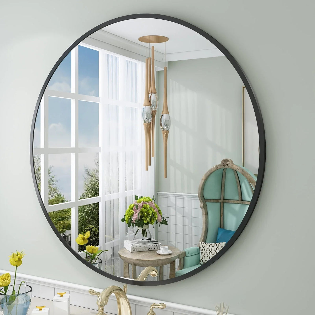 Round Metal Black Frame Bathroom Vanity Mirror - Wall Mounted