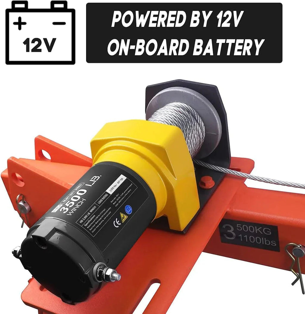 Pismire Folding Truck-Mounted Bed Crane Hoist, 1100 lb, 3500 lb 12V Electric Winch, Yellow Painted Steel - 3500lb