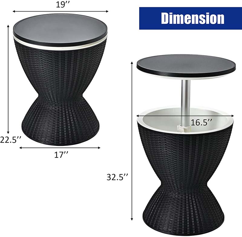 3-in-1 Rattan Outdoor Patio Ice Cooler Side Table, 8 Gal - Adjustable 22.5 in/32.5 in Height