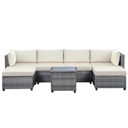 SESSLIFE 7-Piece Wicker Patio Sofa Set With Glass Coffee Table - Brown Rattan Beige Cushions