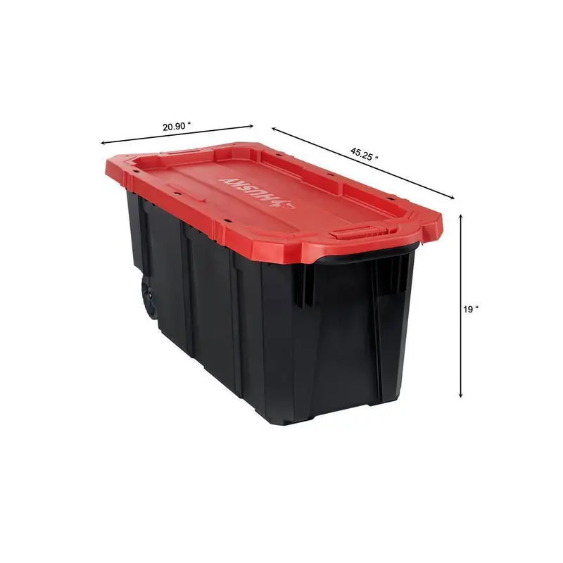 Husky Heavy Duty Stackable Storage Tote With Wheels, 45 Gal, 45.24 x 20.87 x 18.96 in, Black/Red Lid