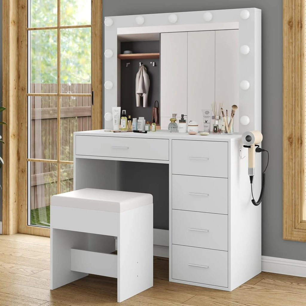 Makeup Vanity Desk With Lighting Mirror, Power Outlet, 37in W, 5 Drawers, Black