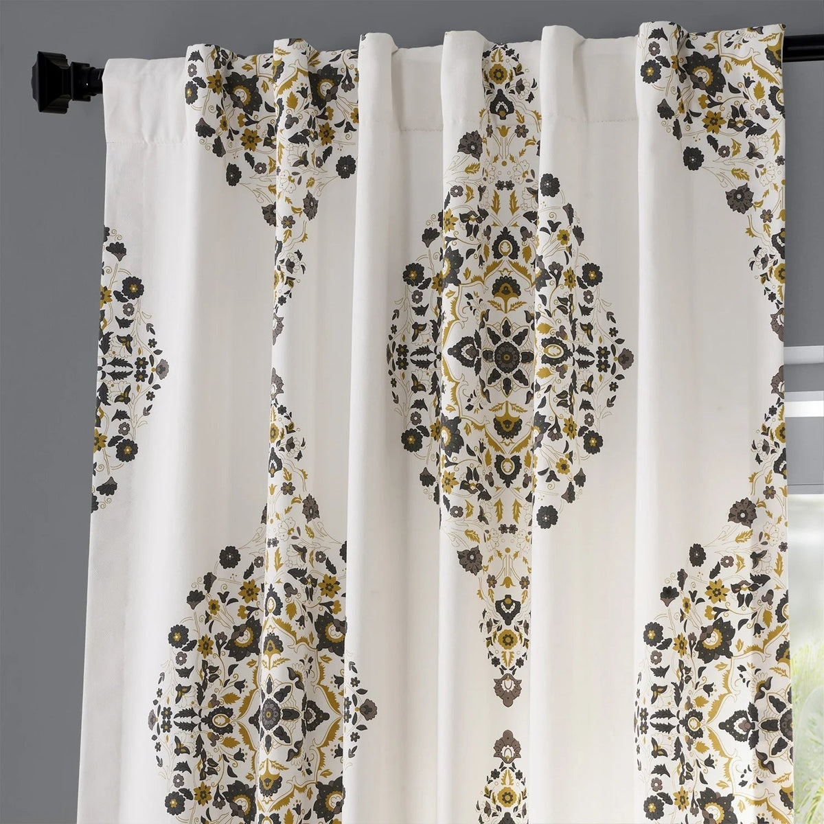 Medallion Damask Printed Cotton Room Darkening Curtain Panel, 1 Piece, 50 in W x 84/96/108/120 in L