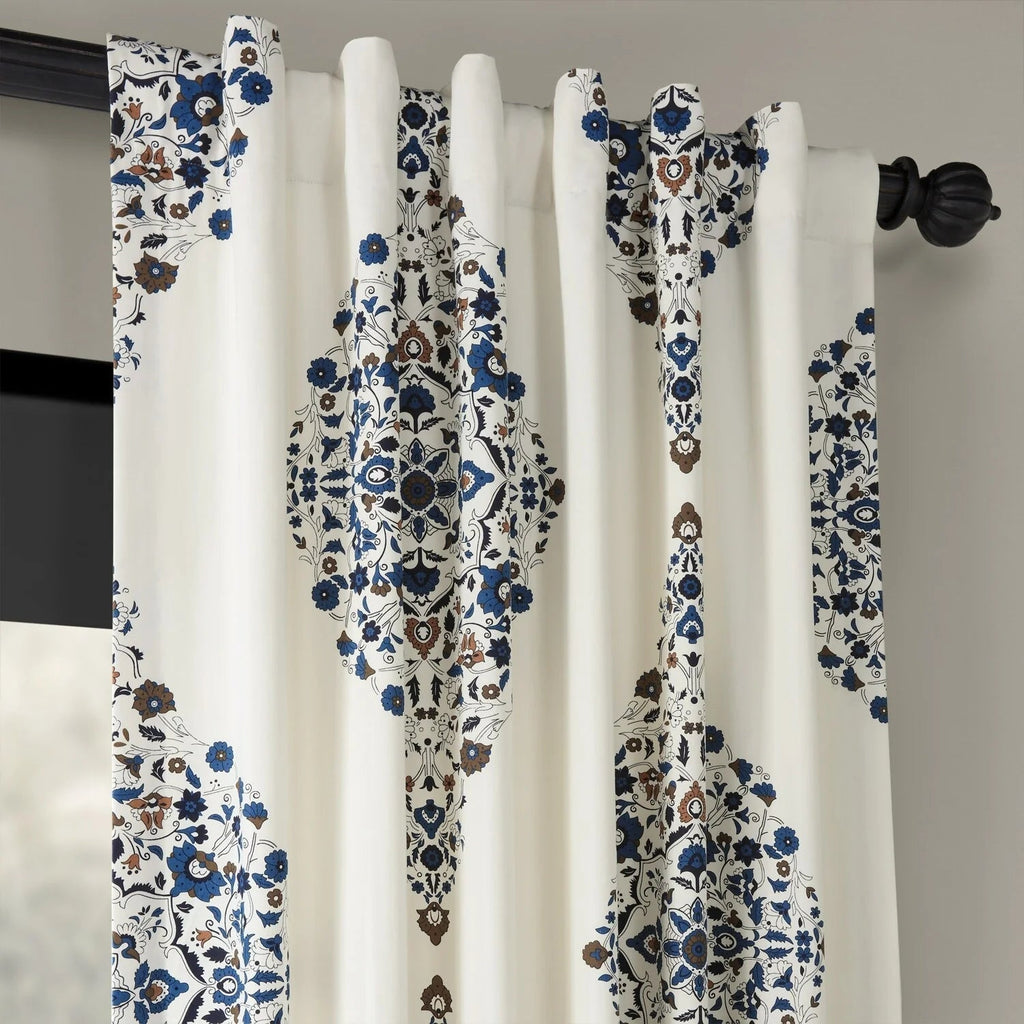 Medallion Damask Printed Cotton Room Darkening Curtain Panel, 1 Piece, 50 in W x 84/96/108/120 in L