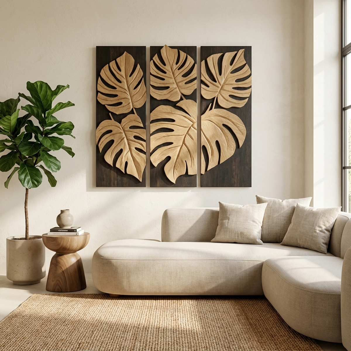 Carved Monstera Leaf Solid Wood Wall Art Triptych Statement Decor - view 5