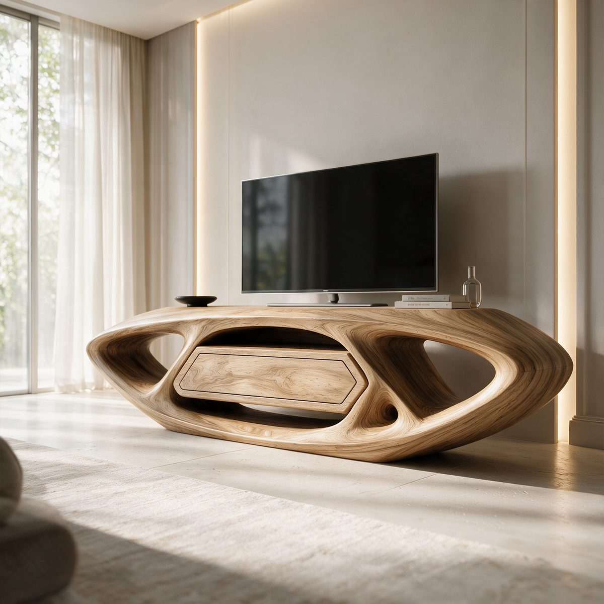 Contemporary TV Cabinet With Sculptural Oval Frame And Open Storage For Living Room - view 5