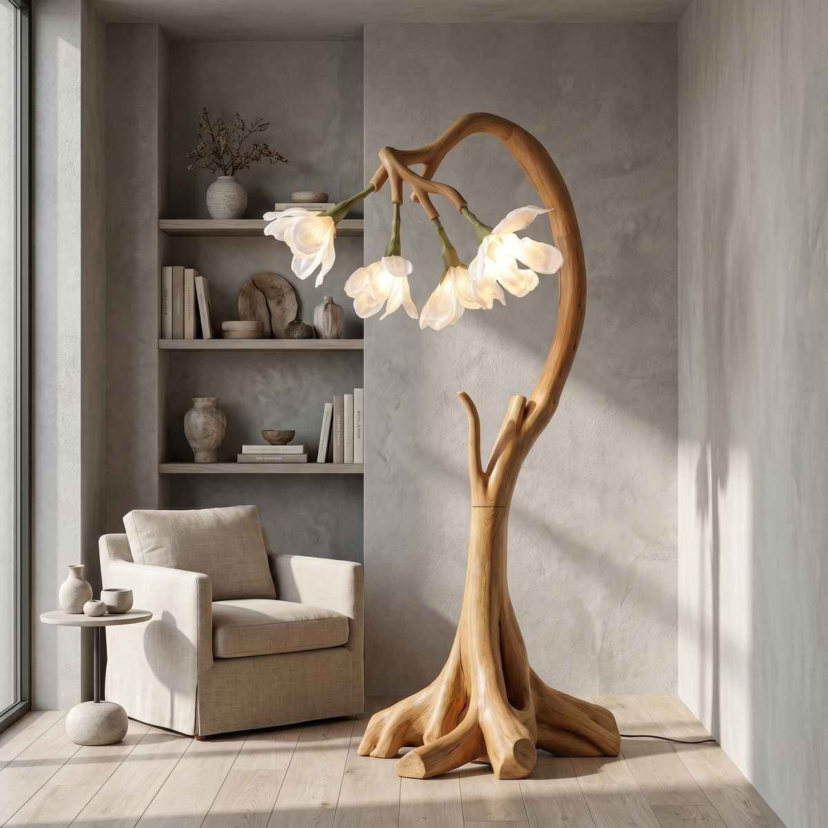 Bloom Floor Lamp With Sculptural Wooden Stand For Living Room And Bedroom - view 5