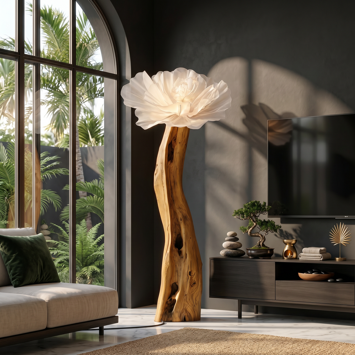 Artistic Flower Floor Lamp Sculptural Wood Base For Living Room - view 5