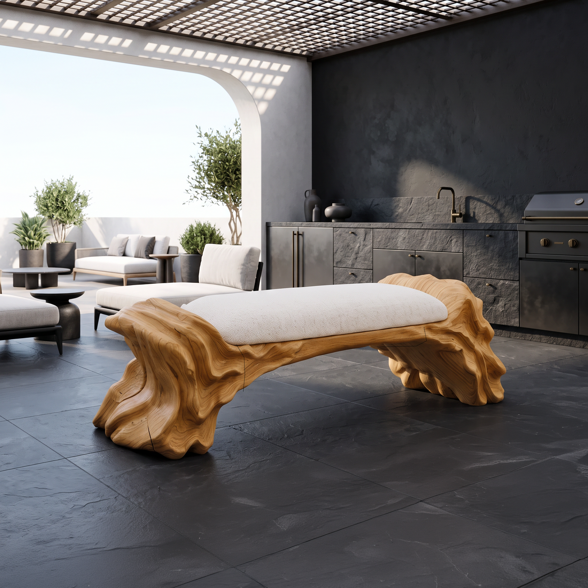 Contemporary Halloween Wood Bench With Oyster Inspired Base For Reading Nook - view 5