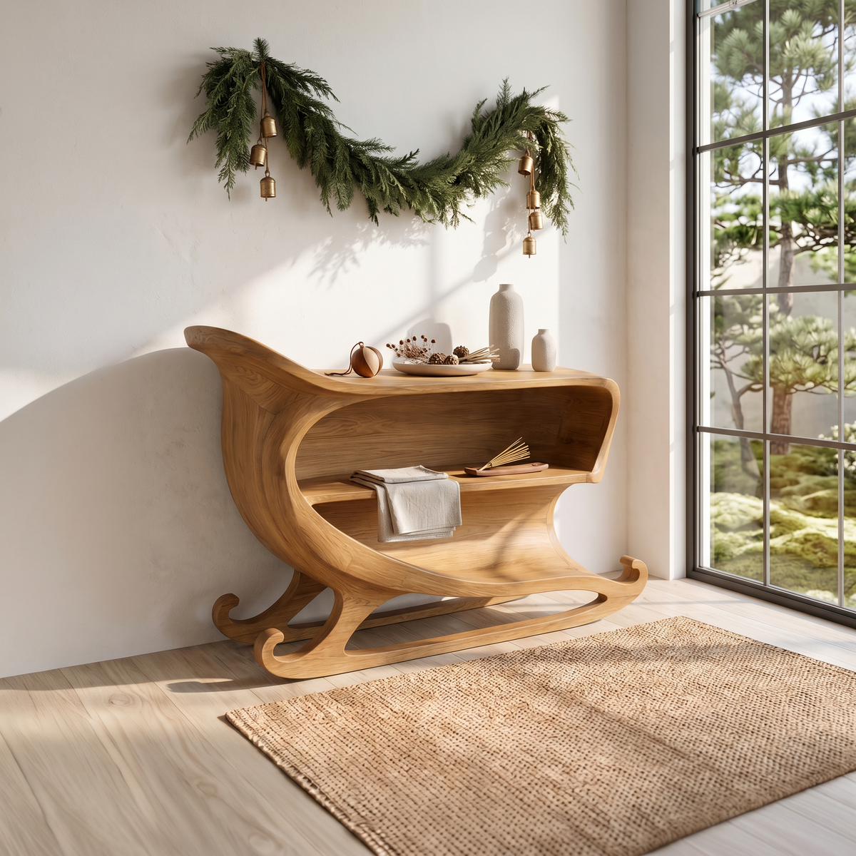 Farmhouse Christmas Console Table With Sleigh Inspired Scroll Design For Entryway And - view 5