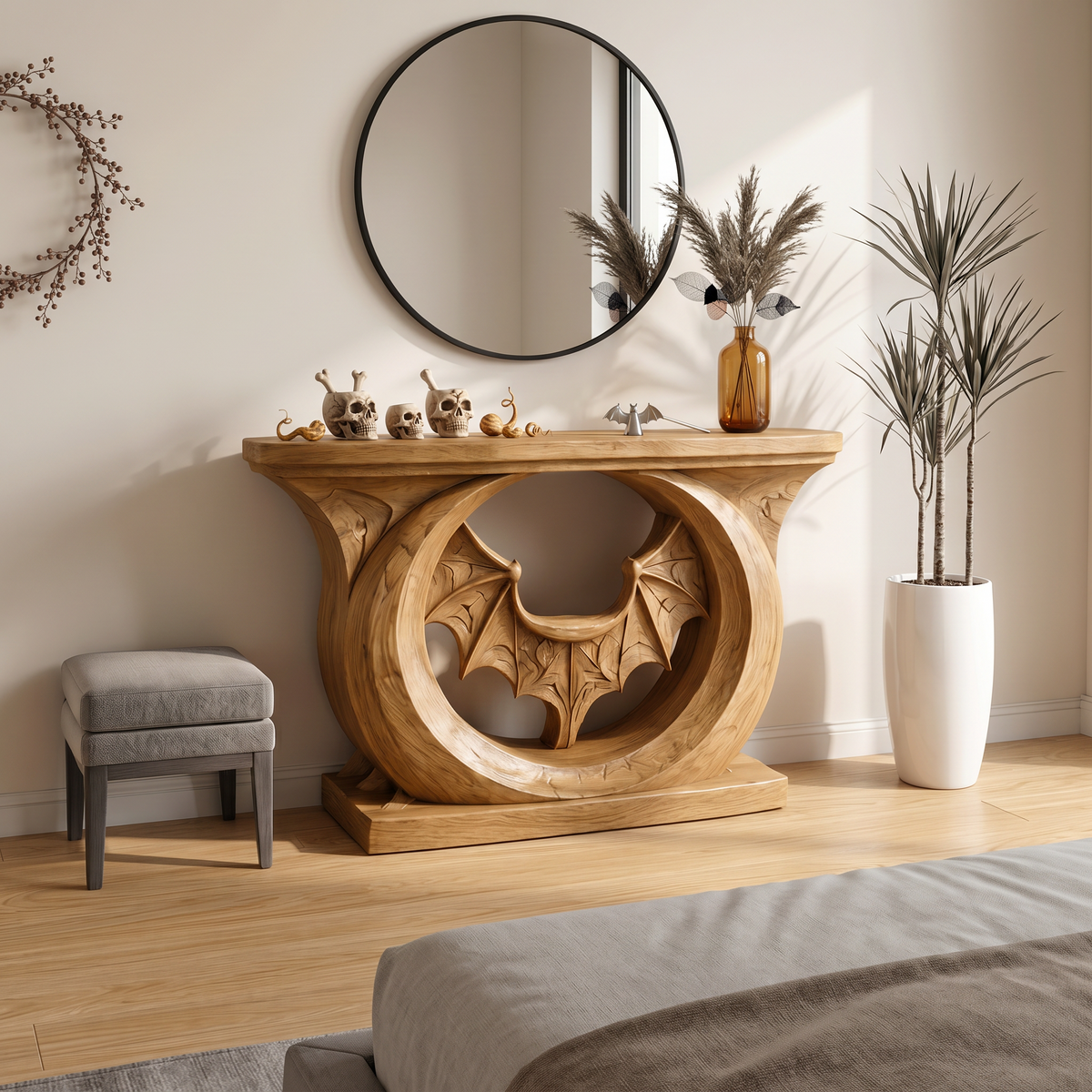 Contemporary Halloween Console Table With Sculptural Bat Design For Entryway And Living - view 5