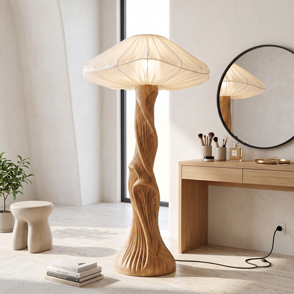 Contemporary Floor Lamp Carved Wood Mushroom Shade Pedestal Lounge - view 5