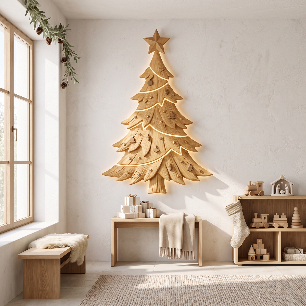 Contemporary Xmas Wall Sculpture With Evergreen Silhouette For Living Room - view 5