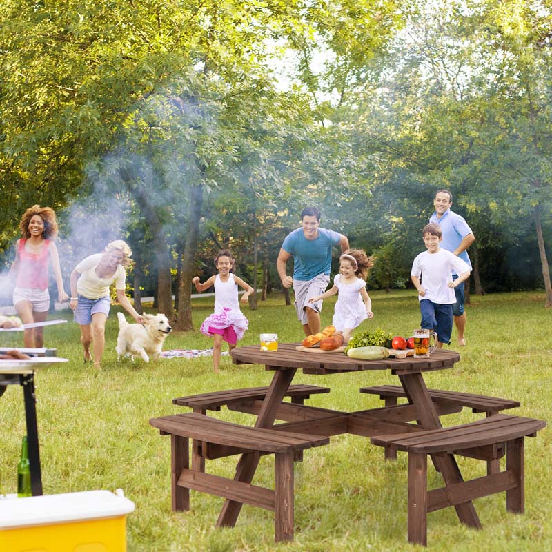 8-Person Outdoor Fir Wood Round Picnic Table Set With 4 Benches And Umbrella Hole - 70.5 x 70.5 x 27.5 in