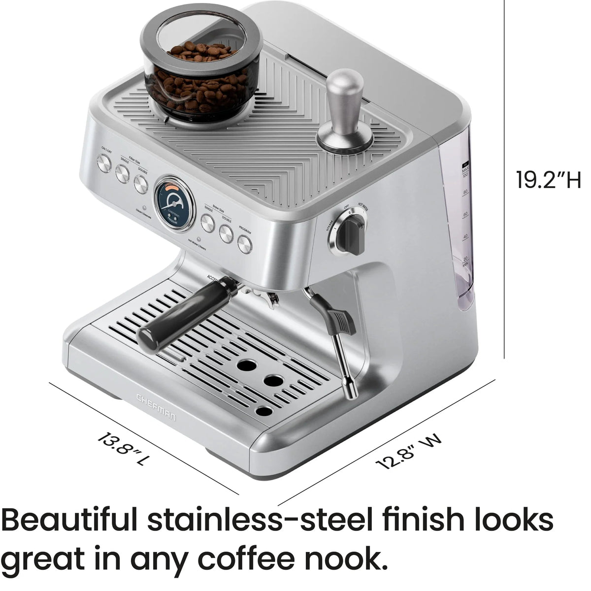 Chefman Crema Supreme Espresso Machine With Conical Burr Grinder And Steam Wand, Stainless Steel - RJ54-G-SS