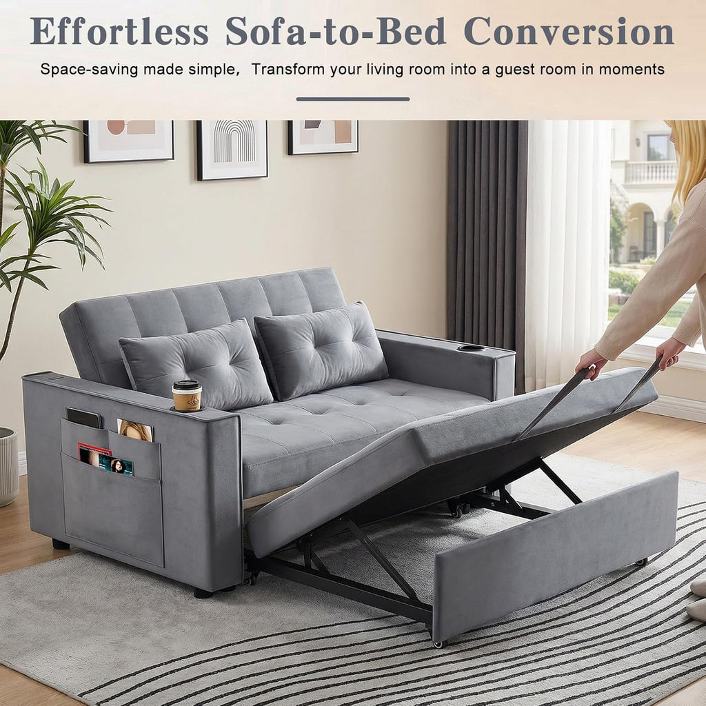 3-in-1 Pull-Out Sofa Bed With Charging Station, Cup Holder And Side Storage - 70in Grey