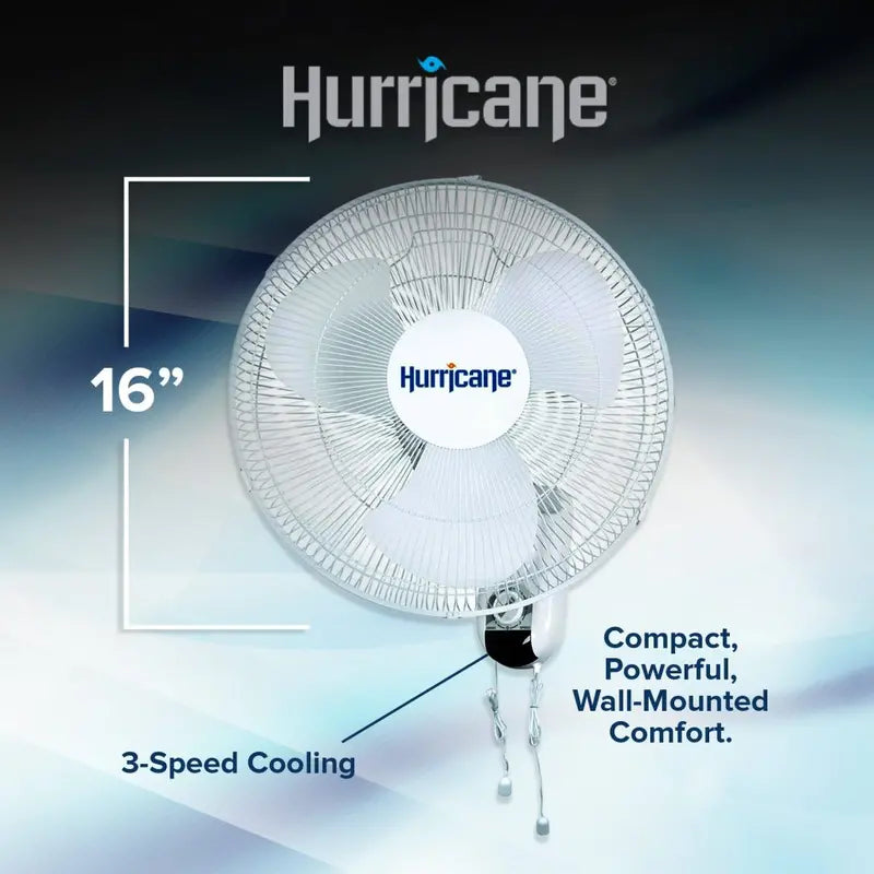 Classic 16-Inch Wall Mounted Oscillating Fan, 3-Speed, White, Metal