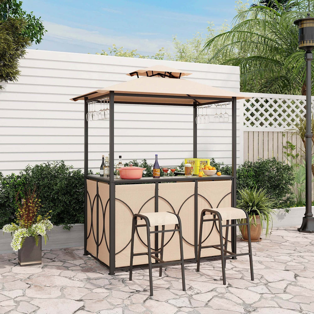 Costway 3-Piece Grill Gazebo Bar Set With 2 Bar Stools And Tempered Glass Top - Grey