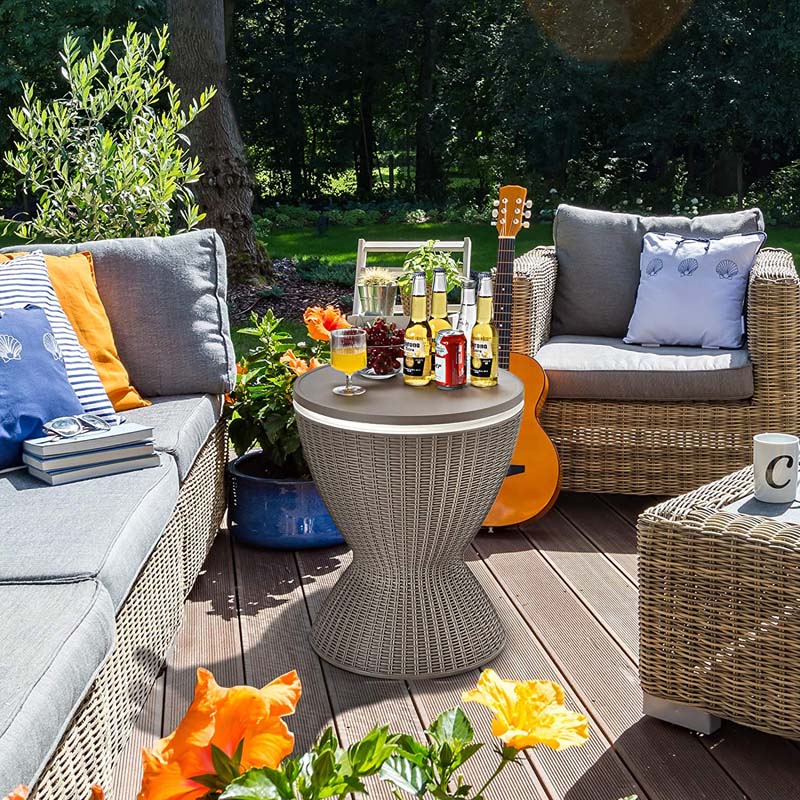 3-in-1 Rattan Outdoor Patio Ice Cooler Side Table, 8 Gal - Adjustable 22.5 in/32.5 in Height