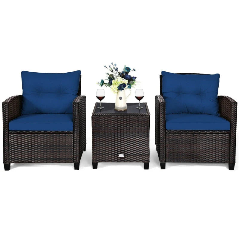 3-Piece Rattan Patio Conversation Set With Cushions And Coffee Table