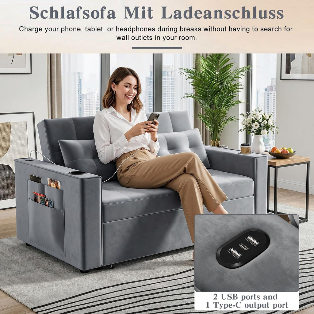 3-in-1 Pull-Out Sofa Bed With Charging Station, Cup Holder And Side Storage - 70in Grey