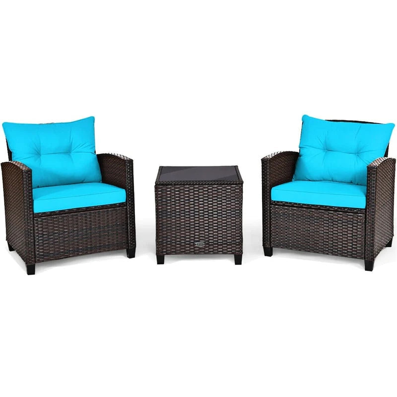 3-Piece Rattan Patio Conversation Set With Cushions And Coffee Table