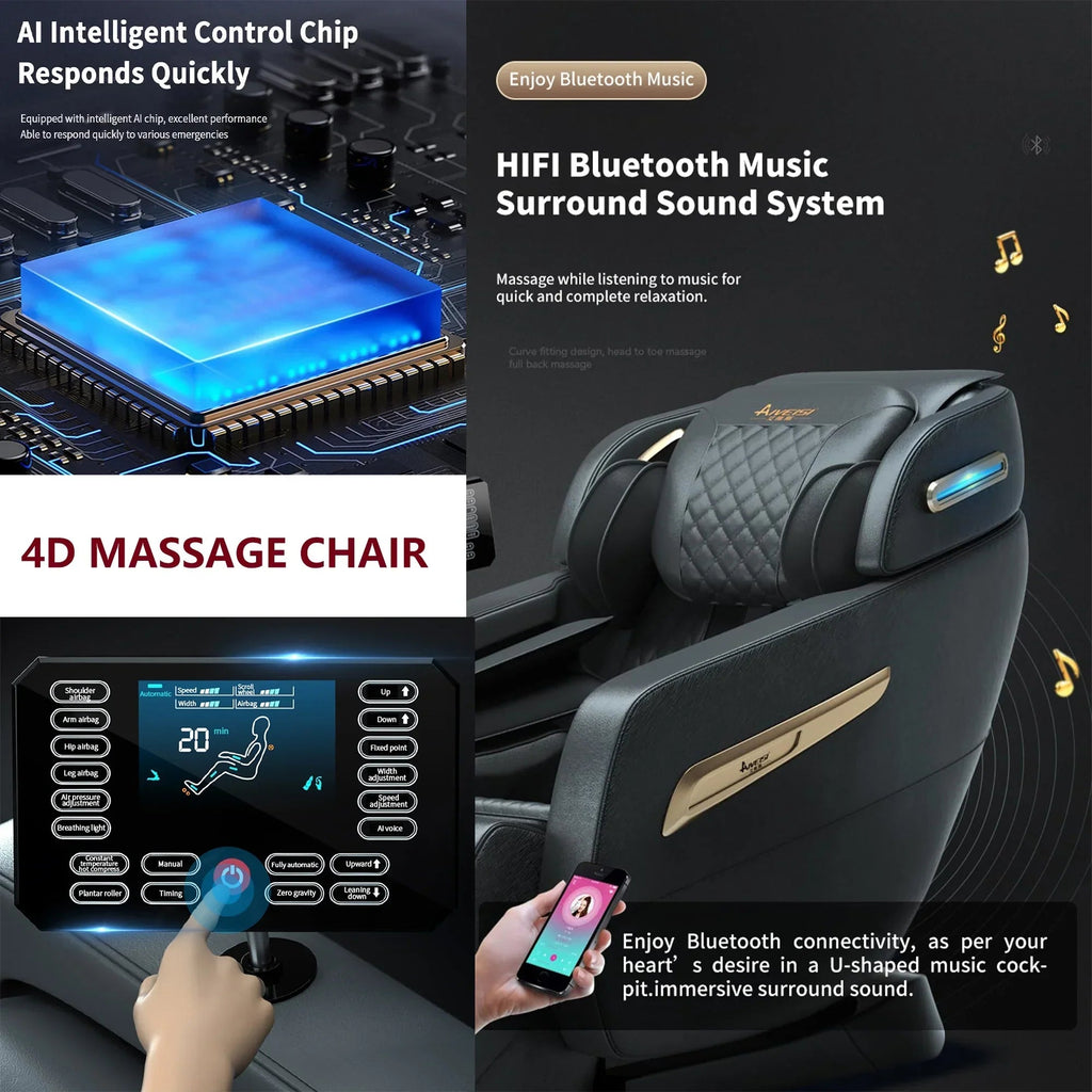 4D Zero Gravity Full Body Shiatsu Massage Chair With 58in SL Track - Premium Black Leather