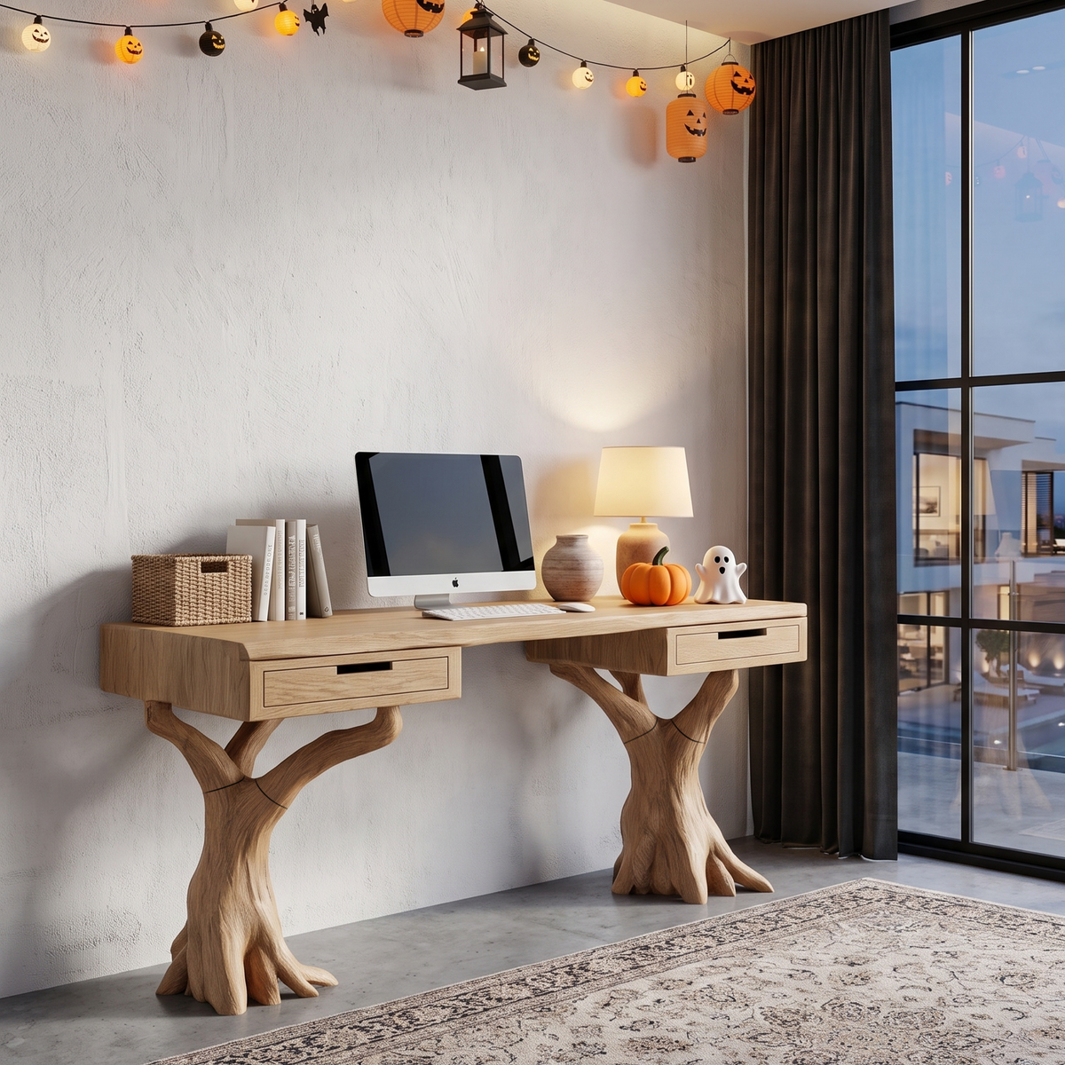 Contemporary Halloween Storage Desk With Pumpkin Display Shelves For Home Office - view 5