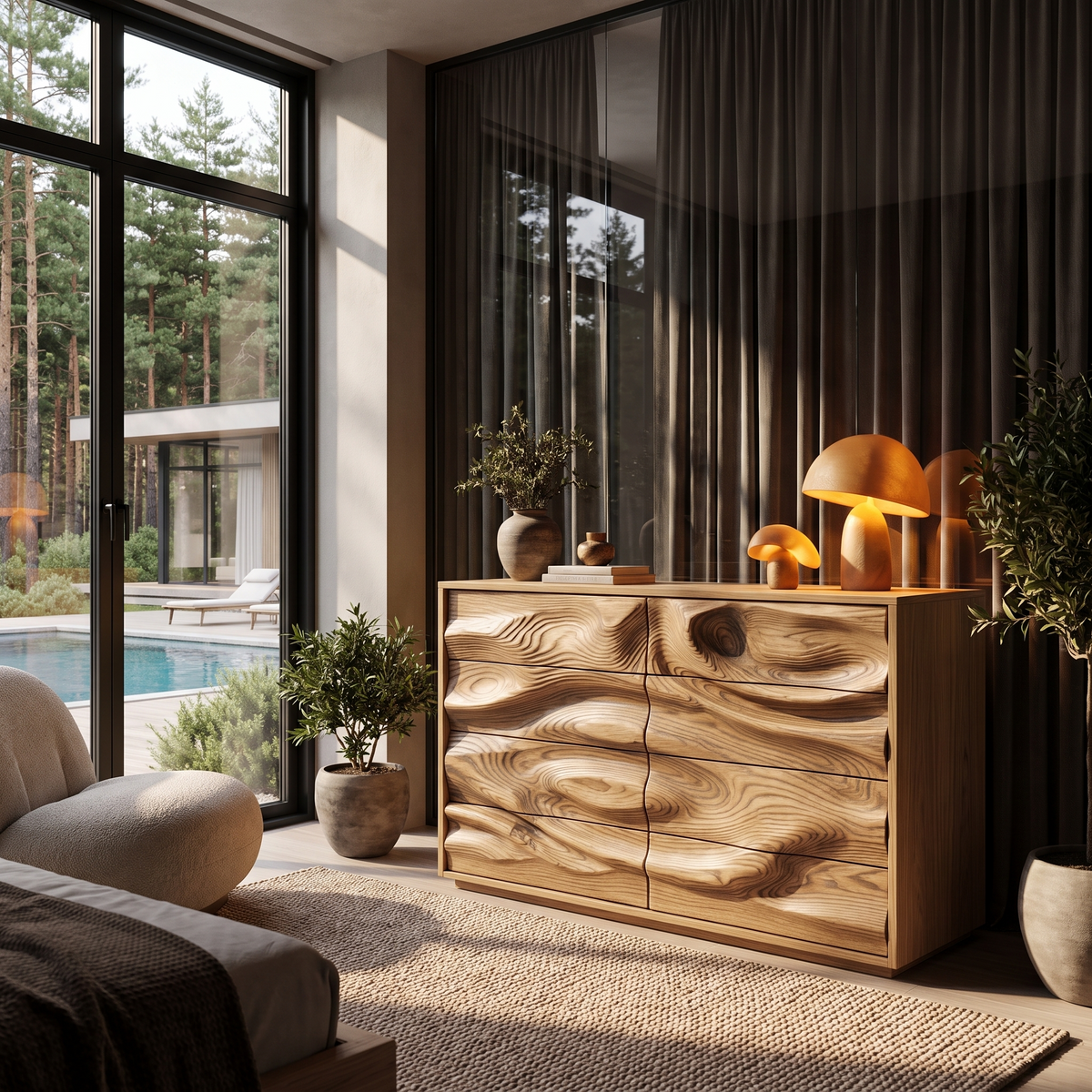 Contemporary Wooden Dresser With Sculpted Ripple Drawers For Bedroom - view 5