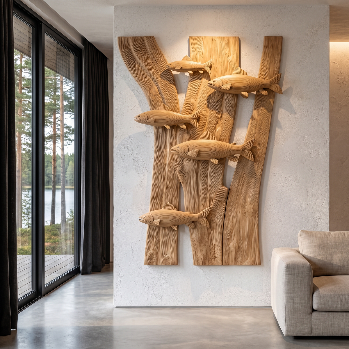 Contemporary Wooden Fish Wall Decor With Sculptural River Scene For Living Room And - view 5