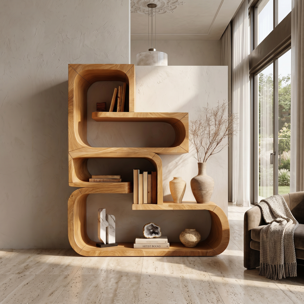 Contemporary Wave Edge Wooden Bookcase In Natural Finish - view 5