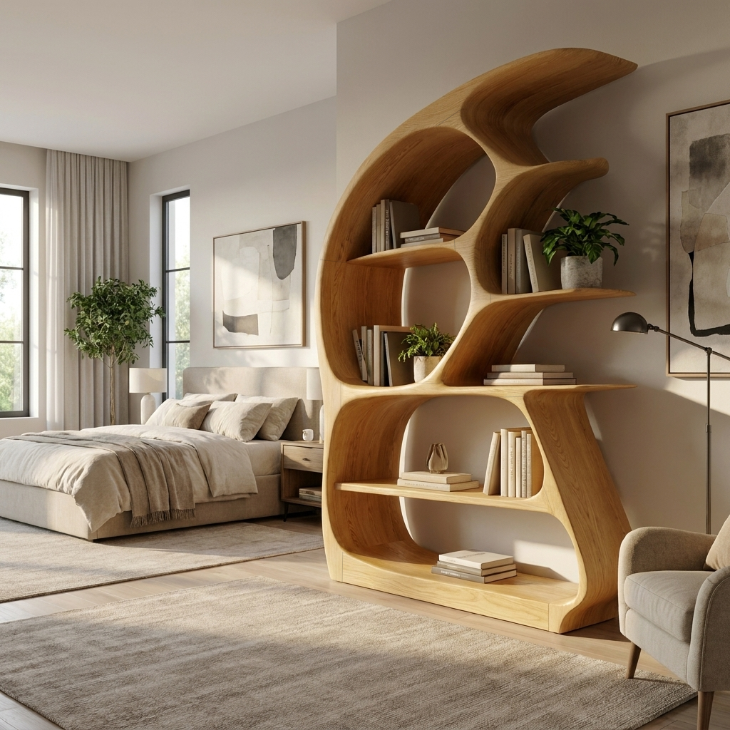 Contemporary Sculptural Wood Bookshelf For Living Room Decor - view 5