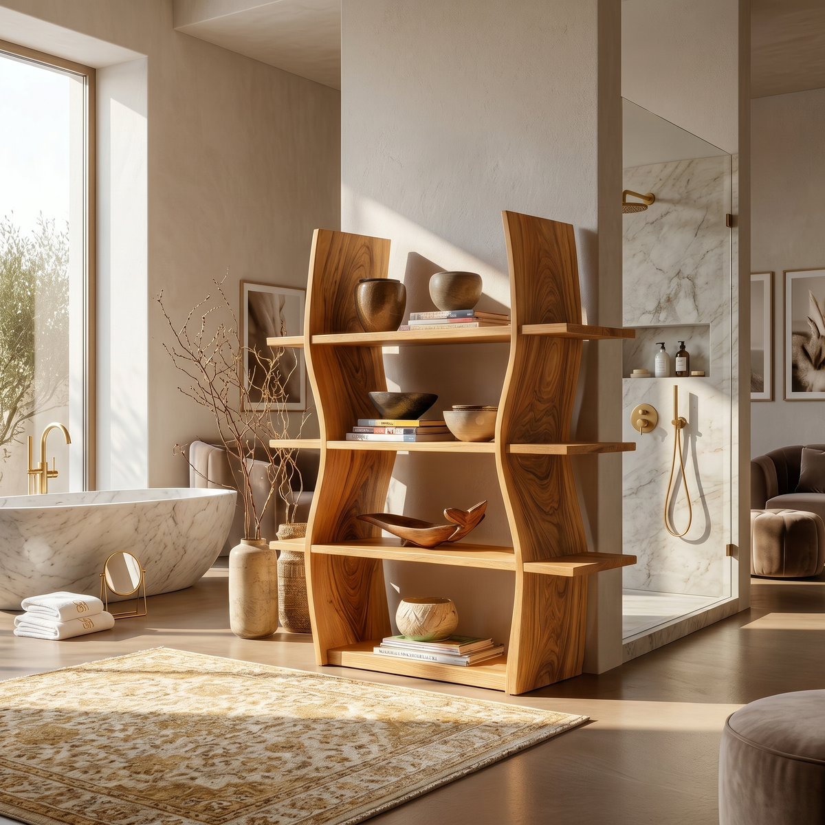 Elegant Wooden Storage Shelf In Wave Design - view 5