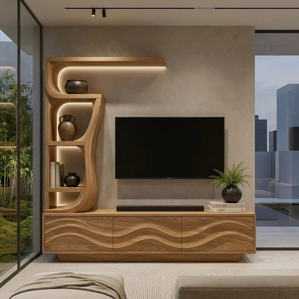 Contemporary Wave Carved Wooden TV Stand With Shelf For Living Room - view 5