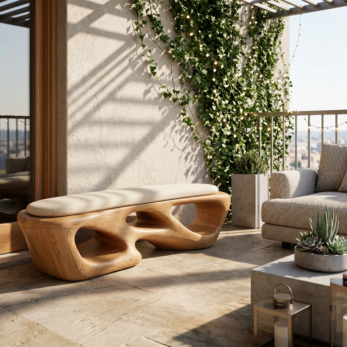 Curved Solid Wood Bench Luxury Living Room - view 5