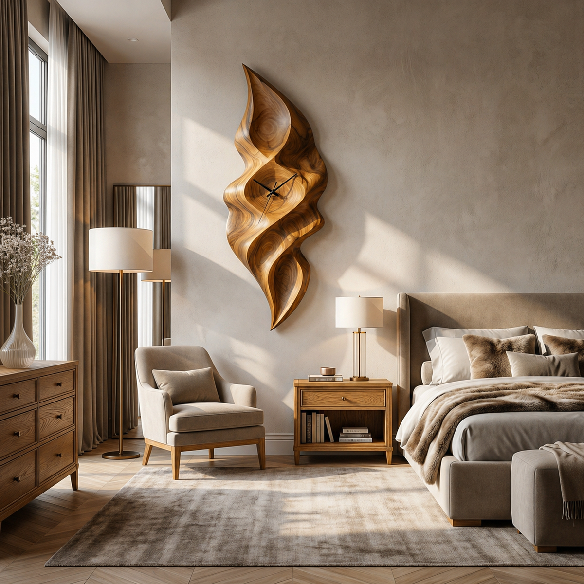 Contemporary Wood Wall Clock With Wave Sculpture For Minimalist Bedroom - view 5