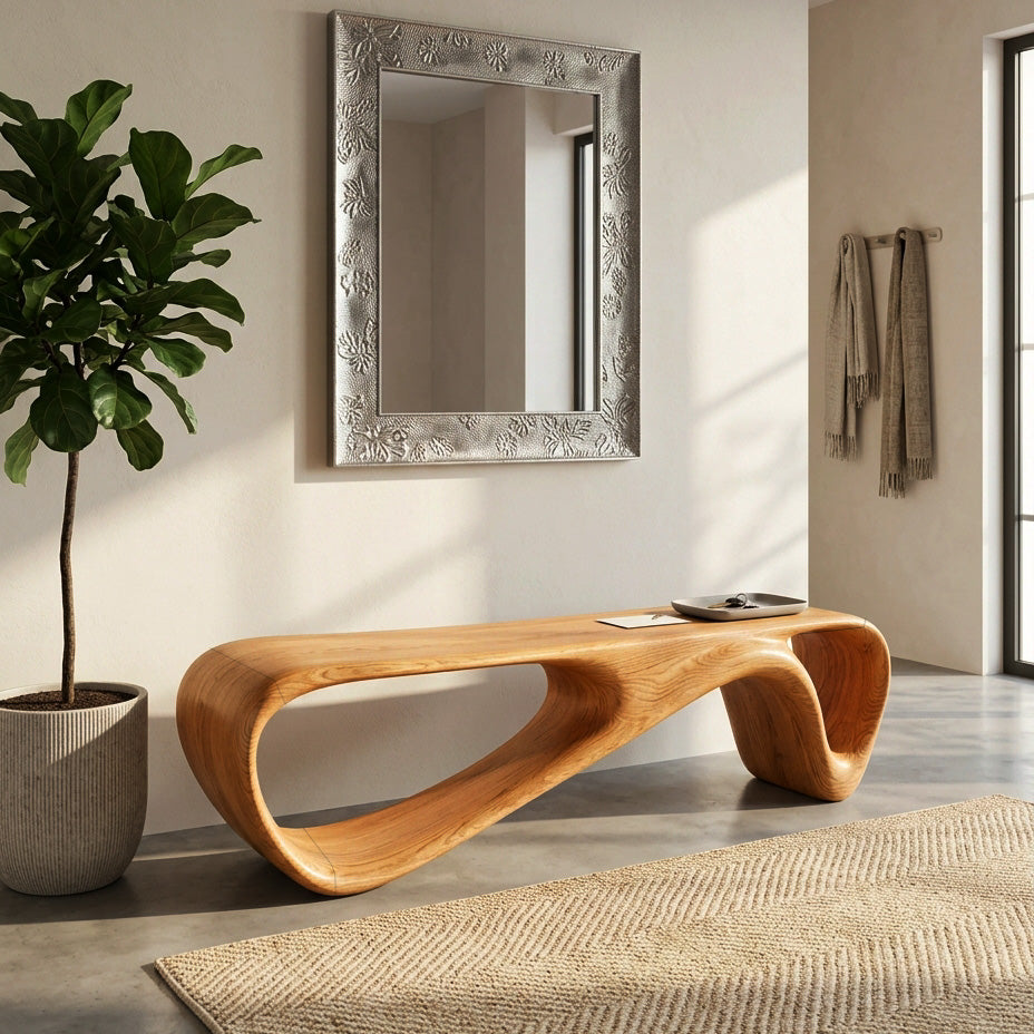 Curved Wooden Bench For Minimalist Living Room Decor - view 5