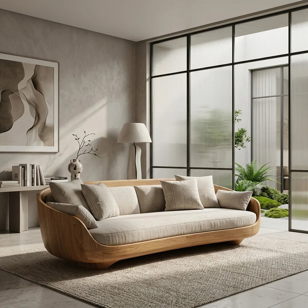 Contemporary Curved Wooden Sofa With Upholstered Seat For Living Room - view 5