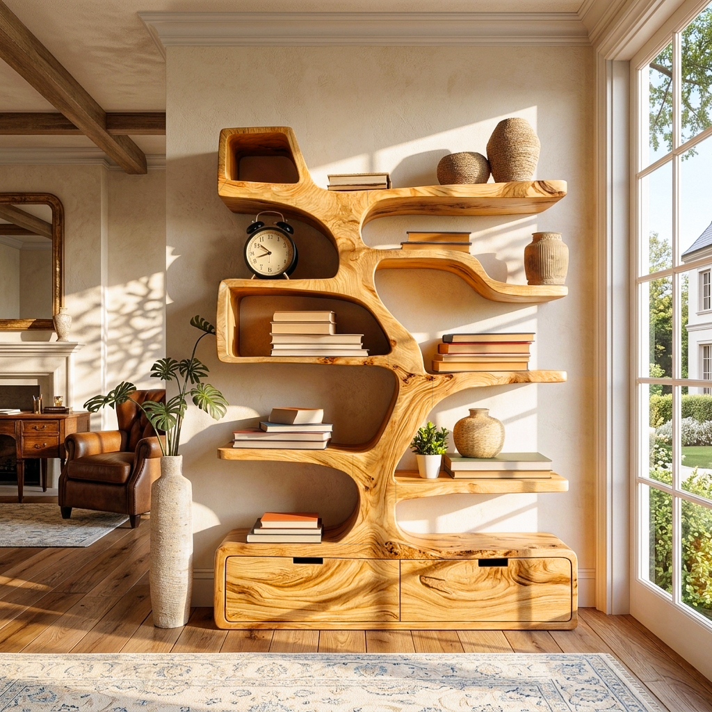 Contemporary Wooden Bookshelf Sculpted Design For Living Space - view 5