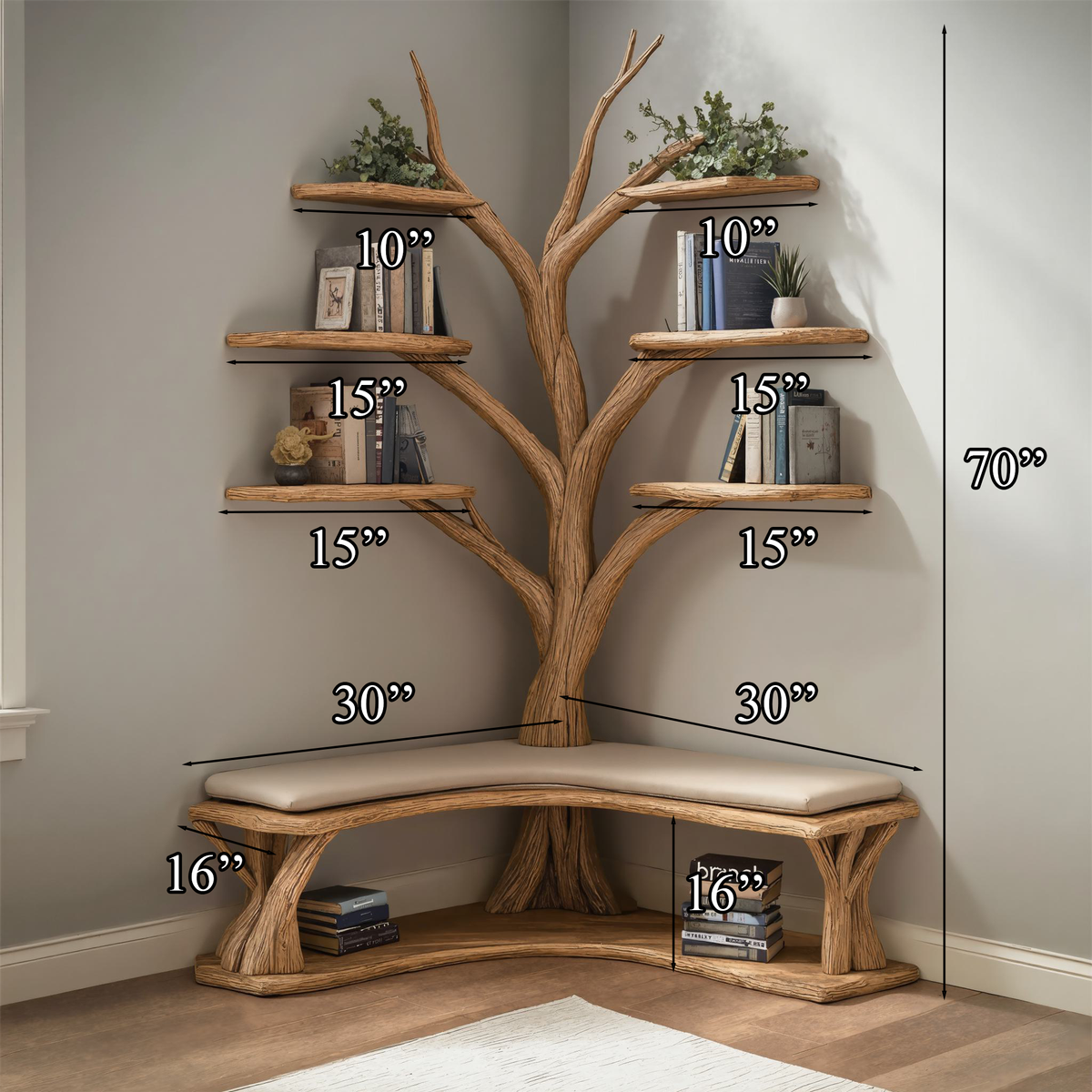 Driftwood Branch Floating Bookshelf Hall Tree With Wood Bench - view 5