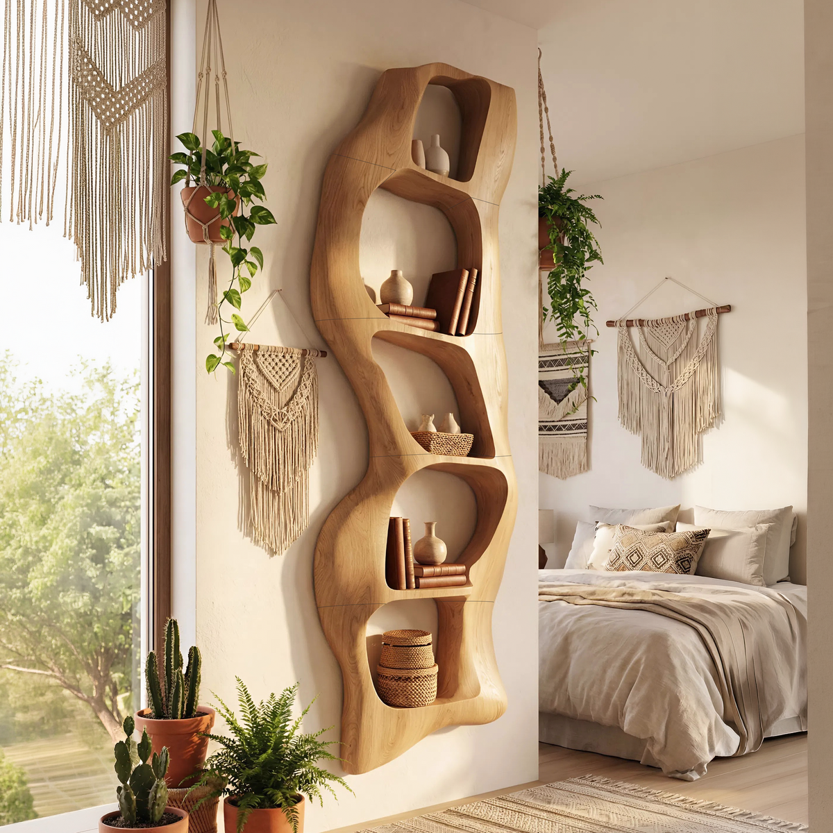 Contemporary Wooden Wall Shelf, Handcrafted Solid Wood Floating Storage Display Ledge Rack - view 5