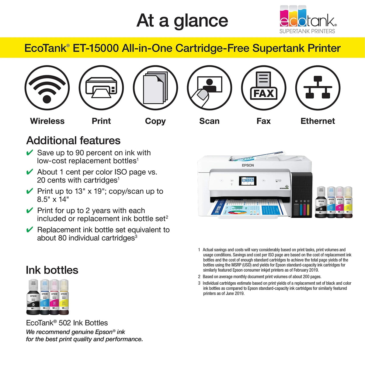 Epson EcoTank Wireless Color All-In-One Supertank Printer With Scanner, Copier, Fax And Ethernet - ET-15000