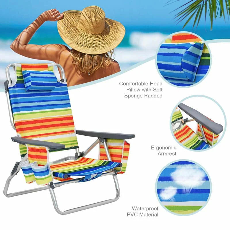 2-Pack 5-Position Outdoor Folding Backpack Beach Chairs With Side Table Set