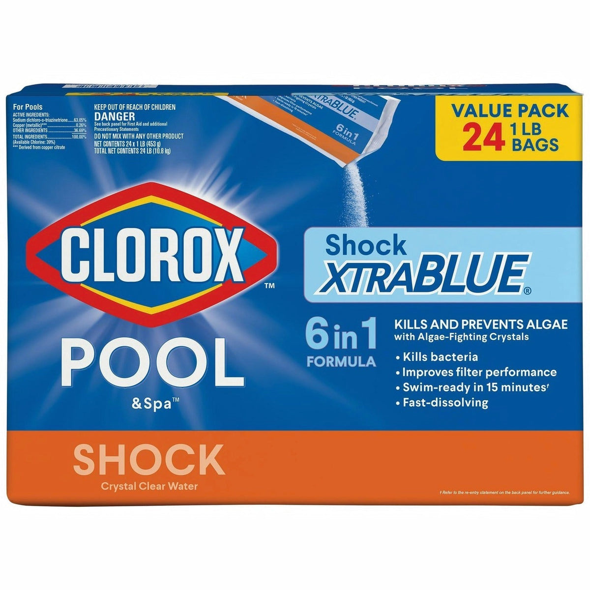 Clorox Pool & Spa XtraBlue Pool Shock Algaecide Treatment 1lb Bag Case 24 Pack