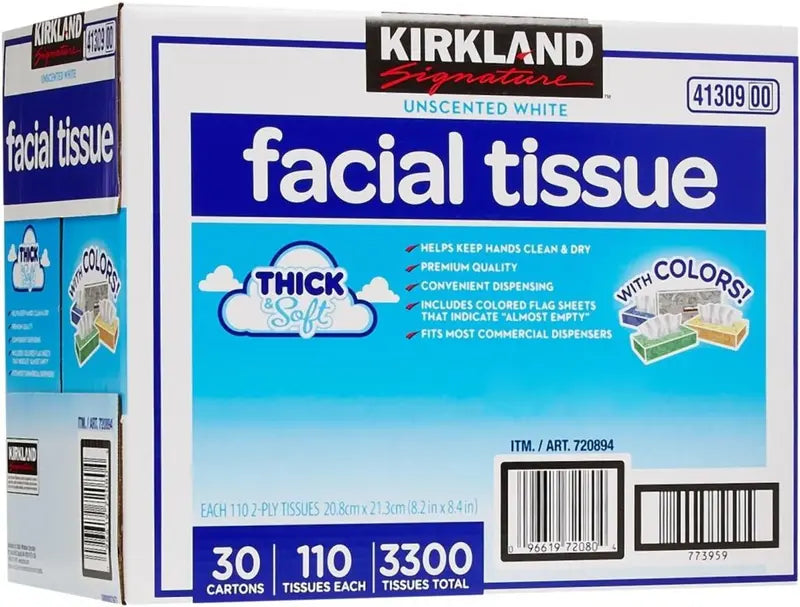 Kirkland Signature Facial Tissue Lodge Pack, 110 Count, 30 Pack - Unscented White - 720894