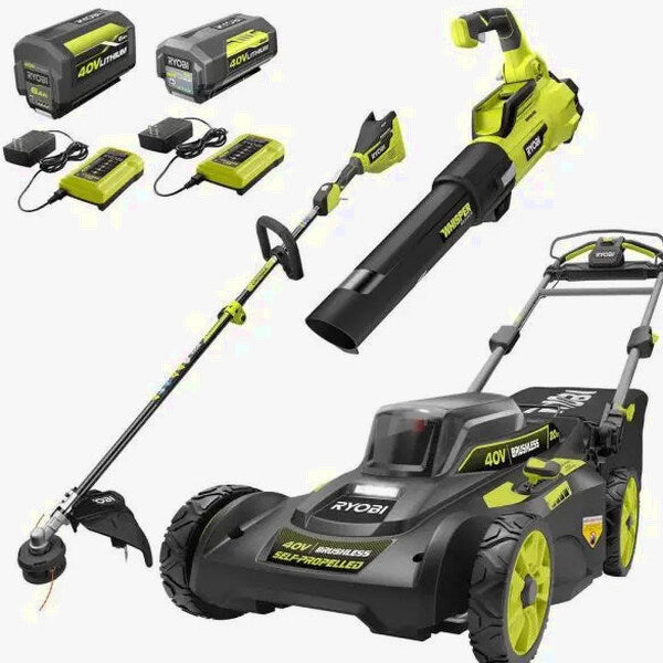 Ryobi 40V Brushless 20 in Self-Propelled Lawn Mower, Trimmer And Blower Kit With Dual Batteries And Chargers - RY401120-Y RY40270 RY40407BTLVNM