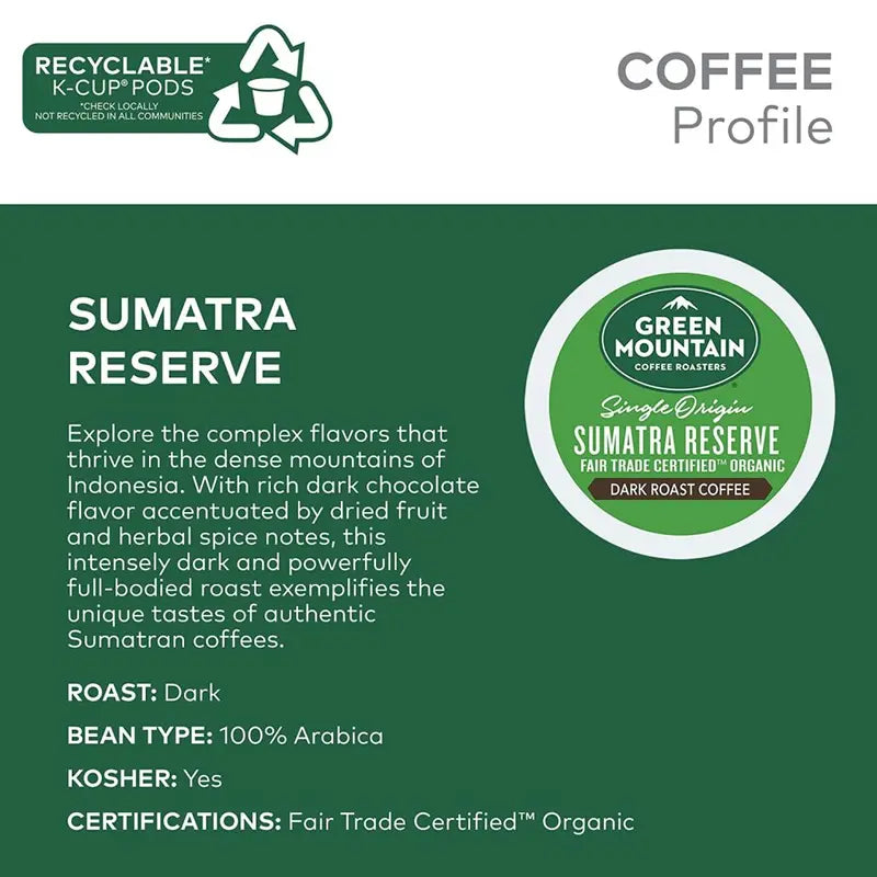Green Mountain Coffee Roasters Sumatra Reserve Dark Roast K-Cup Pods, 96 Count, Fair Trade Certified