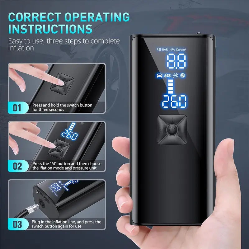 Portable Tire Inflator Air Compressor, 150 PSI, 25000mAh, Black - P004