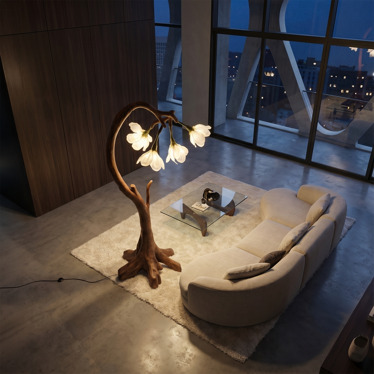 Bloom Floor Lamp With Sculptural Wooden Stand For Living Room And Bedroom