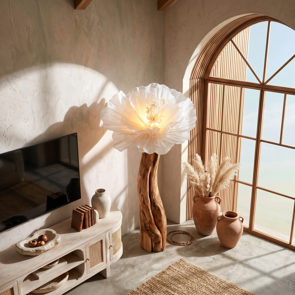 Artistic Flower Floor Lamp Sculptural Wood Base For Living Room